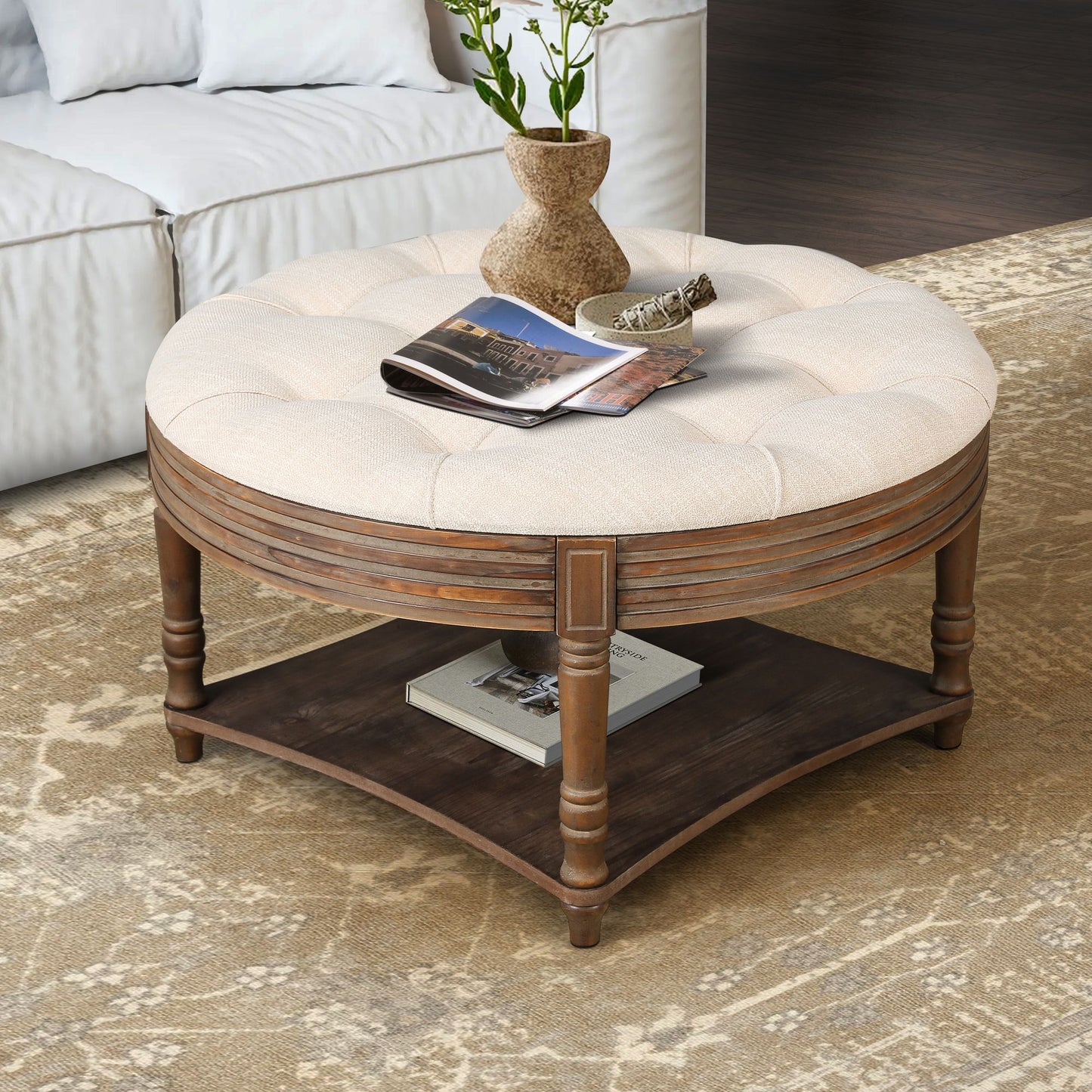 Farmhouse Upholstered Coffee Table Living Room Footstool Ottoman Linen(Warm White)