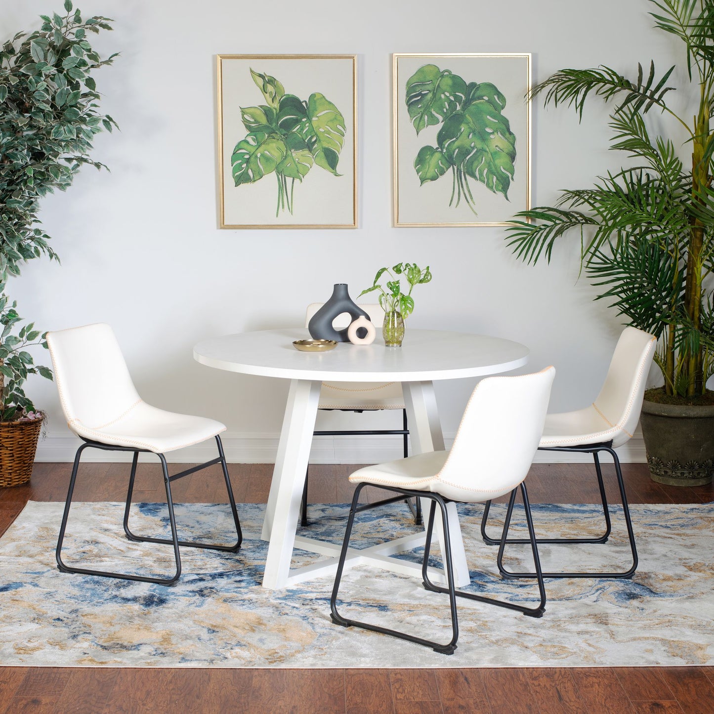 Round Dining Set, 5 Piece Trestle Dining Table with 4 White Modern Chairs