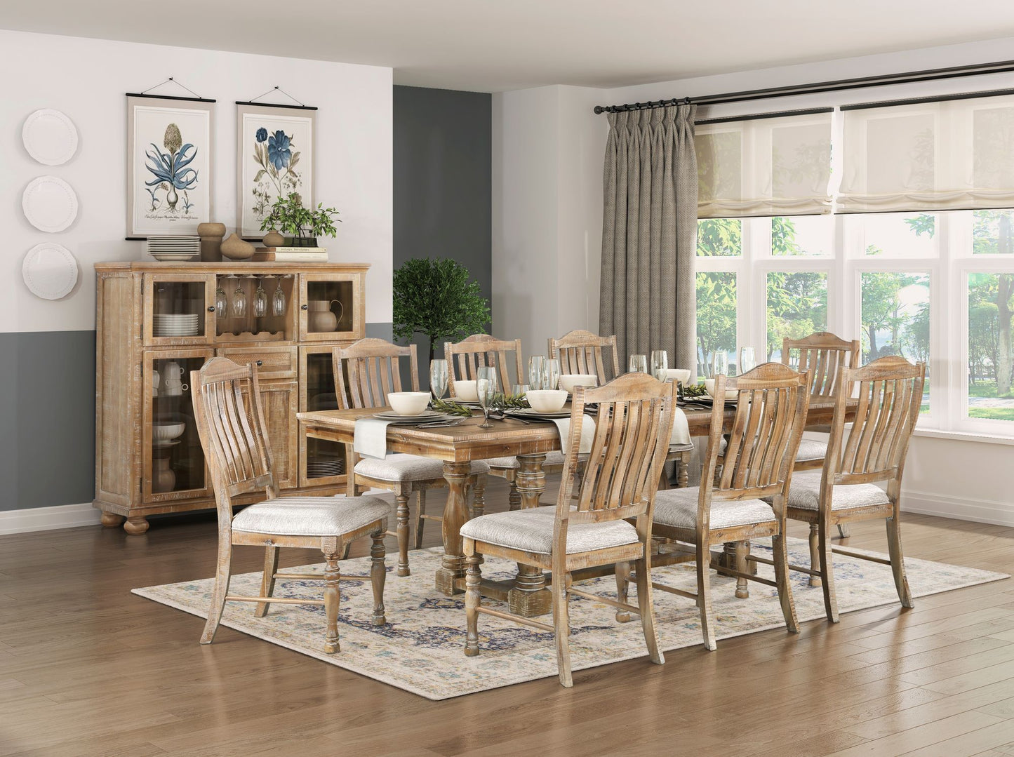 Traditional Dining Set 9pc Extendable Table and 8 Side Chairs Wheat Finish Wooden Dining Kitchen Furniture, 72"-90"