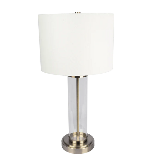 Luna Brushed Nickel Table Lamp with On/Off Switch Clear Glass Body Metal Base